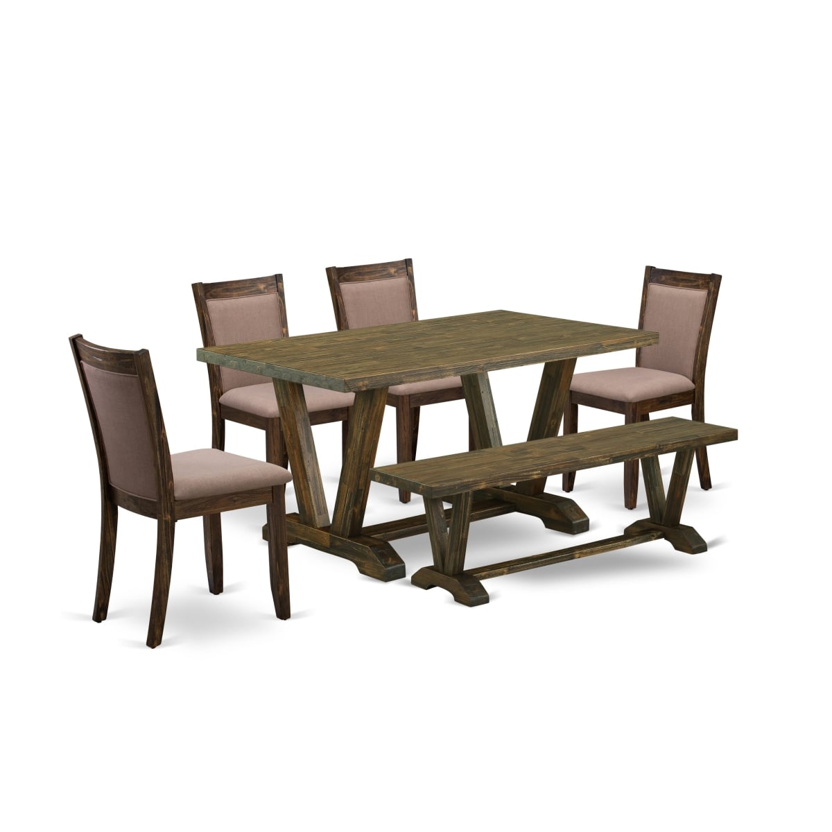 V776MZ748-6 6 Piece Dining Set - 4 Dining Chairs, A Dining Bench & 1 Modern Dining Table - Distressed Jacobean Finish