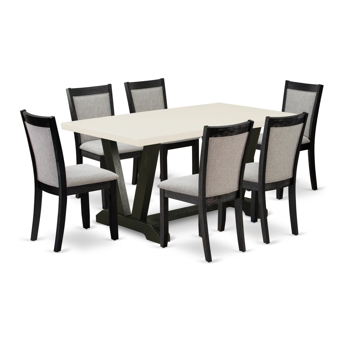 V626MZ606-7 7 Piece Dinner Table Set - Linen White Dining Table with 6 Shiitake Wooden Dining Chairs - Wire Brushed Black Finish