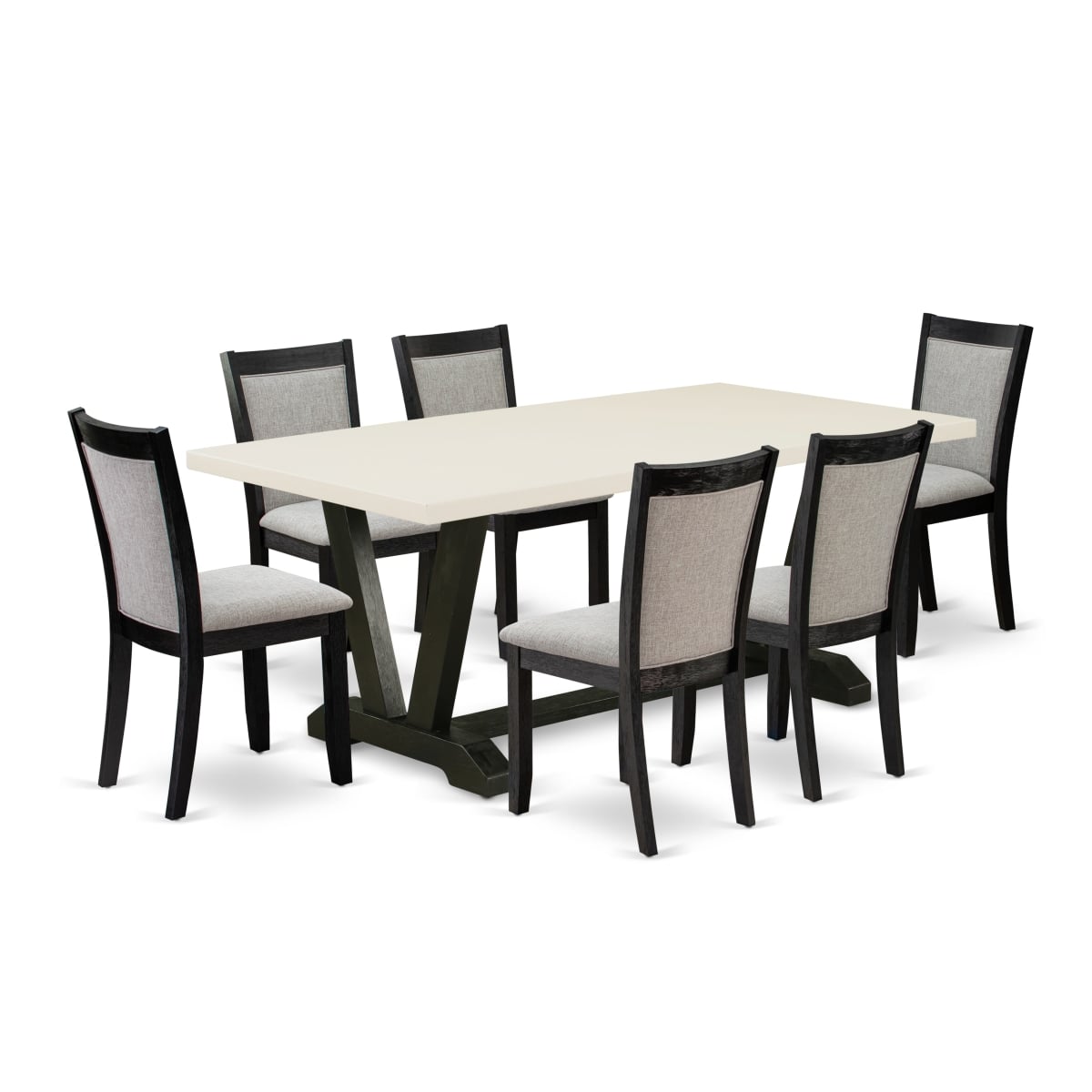 V627MZ606-7 7 Piece Dining Room Set - Linen White Dining Table with 6 Shiitake Dining Chairs - Wire Brushed Black Finish