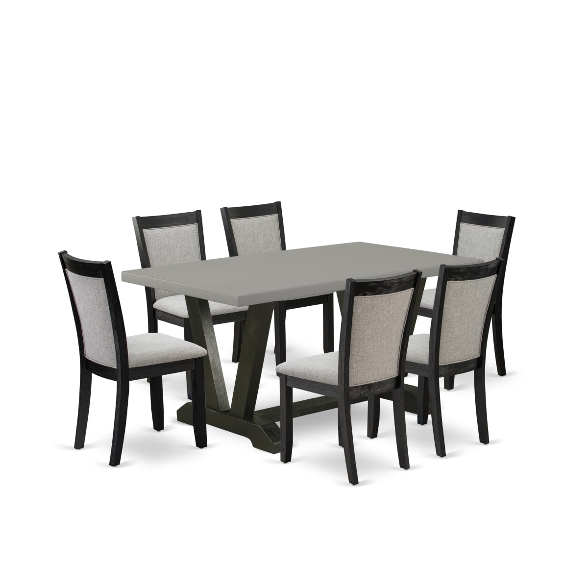 V696MZ606-7 7 Piece Kitchen Dining Table Set - Cement Dining Table with 6 Shiitake Dining Chairs - Wire Brushed Black Finish