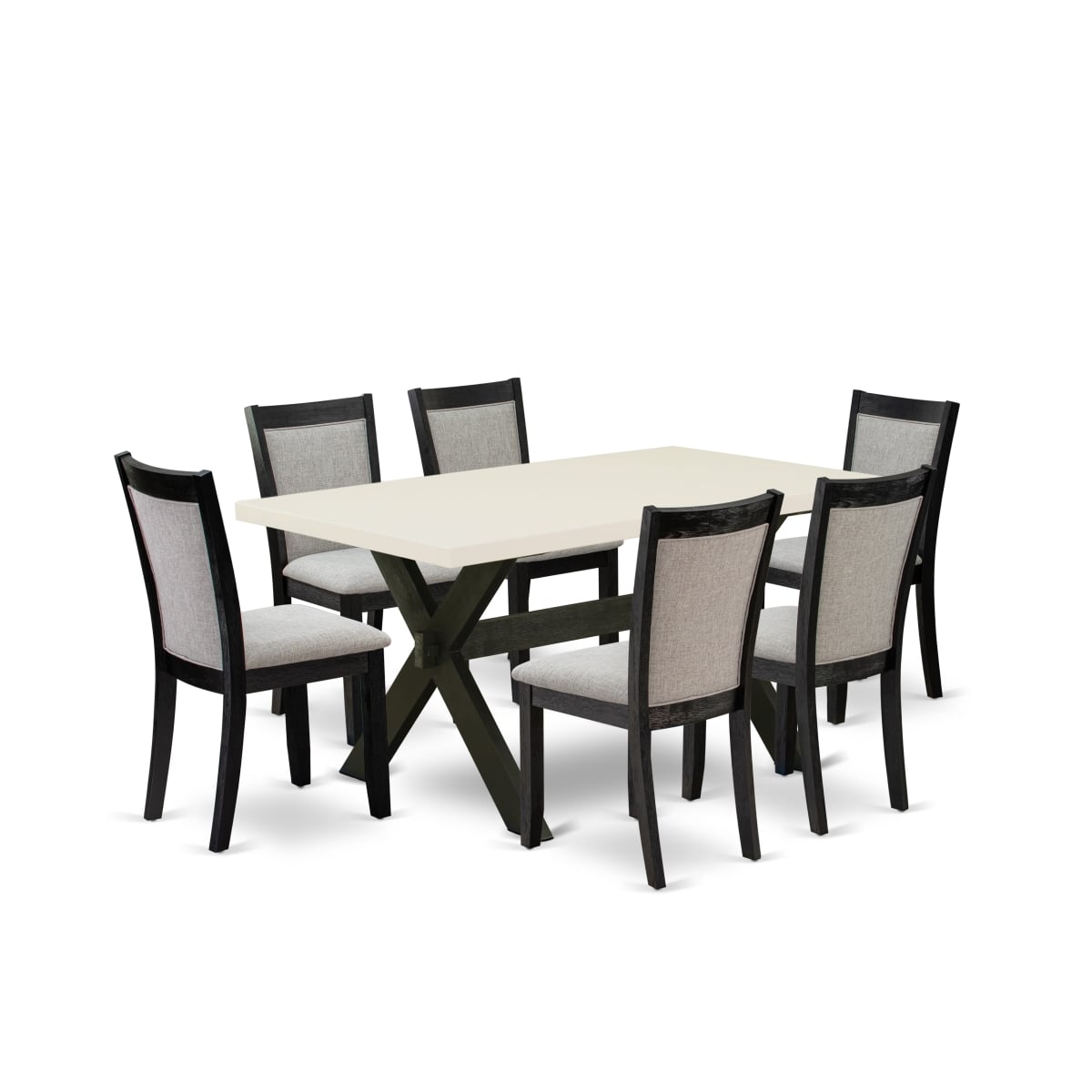 X626MZ606-7 7 Piece Dining Table Set - Linen White Wooden Dining Table with 6 Shiitake Dining Chairs - Wire Brushed Black Finish