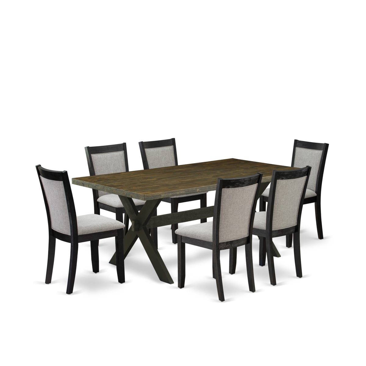 X677MZ606-7 7 Piece Dining Set - Distressed Jacobean Dining Table with 6 Shitake Dining Chairs - Wire Brushed Black Finish