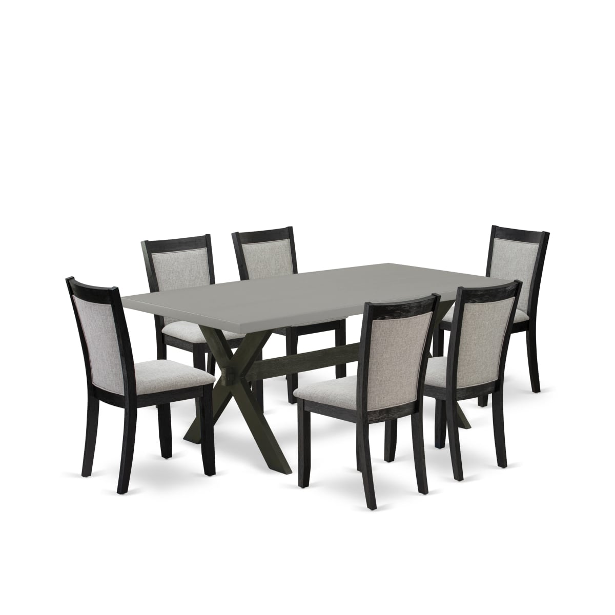 X697MZ606-7 7 Piece Dining Set - Cement Wooden Dining Table with 6 Shiitake Dining Room Chairs - Wire Brushed Black Finish
