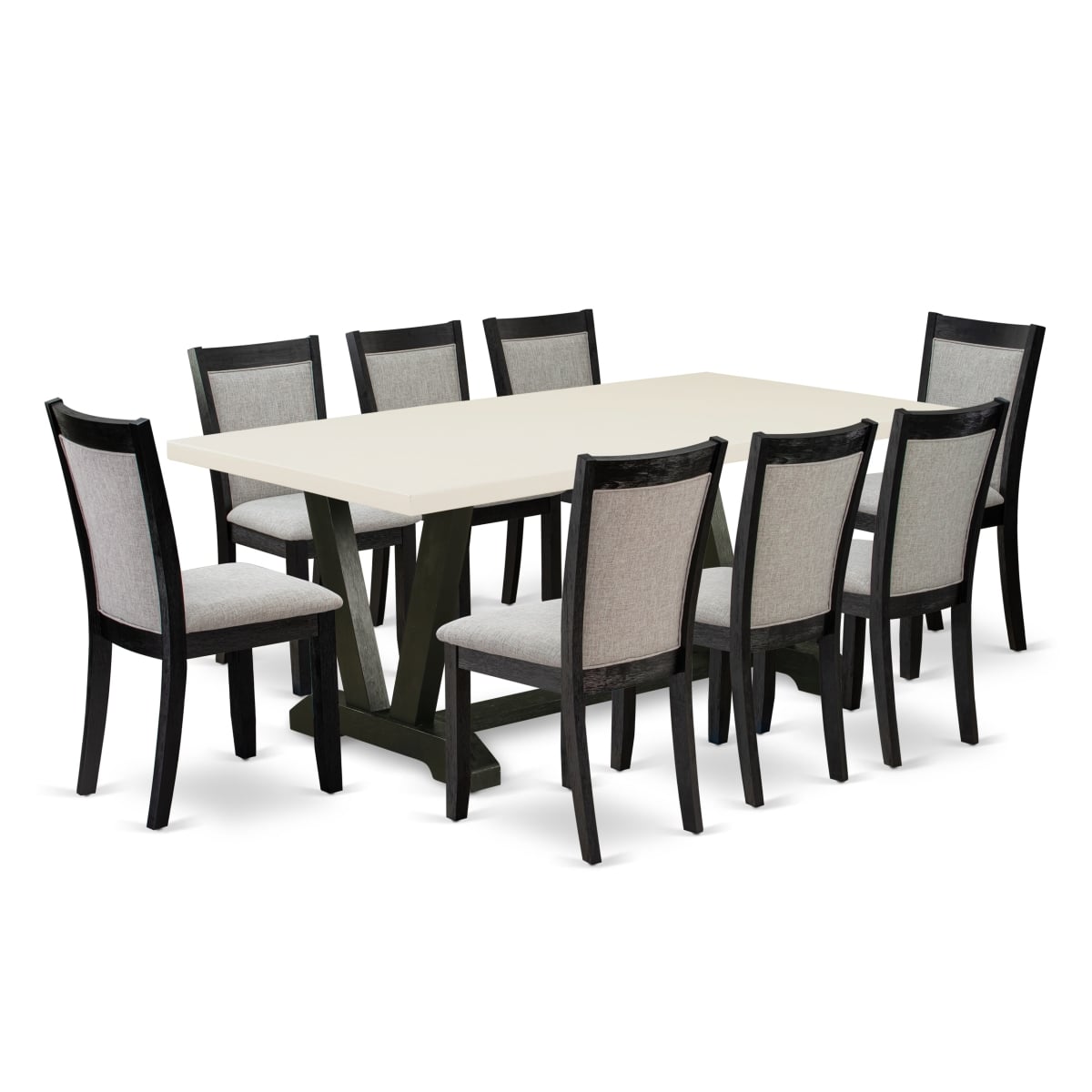V627MZ606-9 9 Piece Dining Set - Linen White Dining Table with 8 Shiitake Dining Room Chairs - Wire Brushed Black Finish