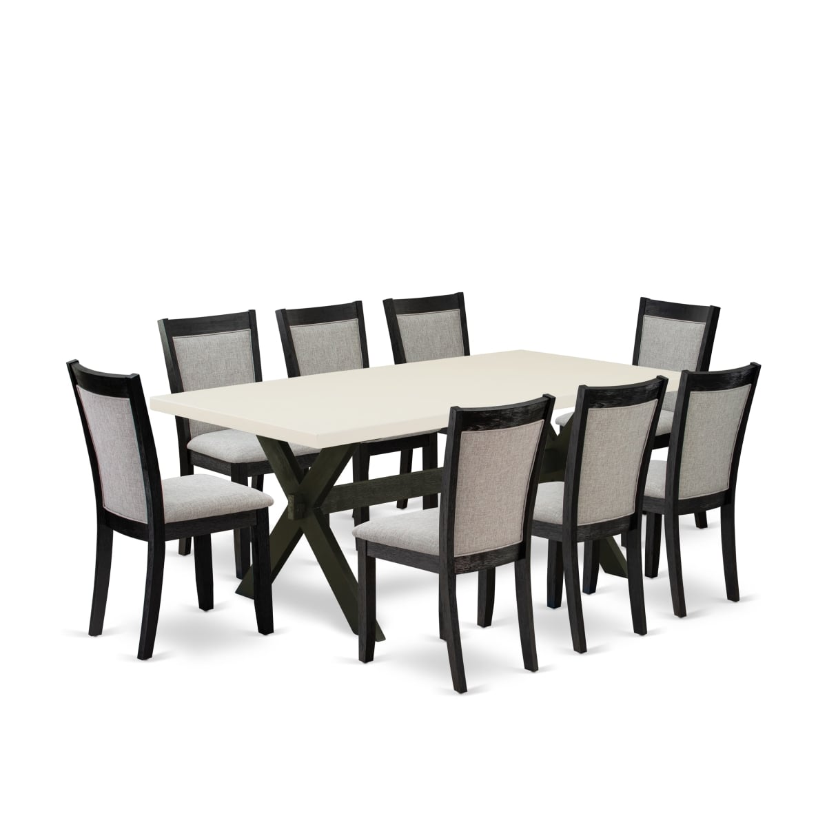 X627MZ606-9 9 Piece Table Set - Linen White Dining Table with 8 Shiitake Dining Chairs - Wire Brushed Black Finish