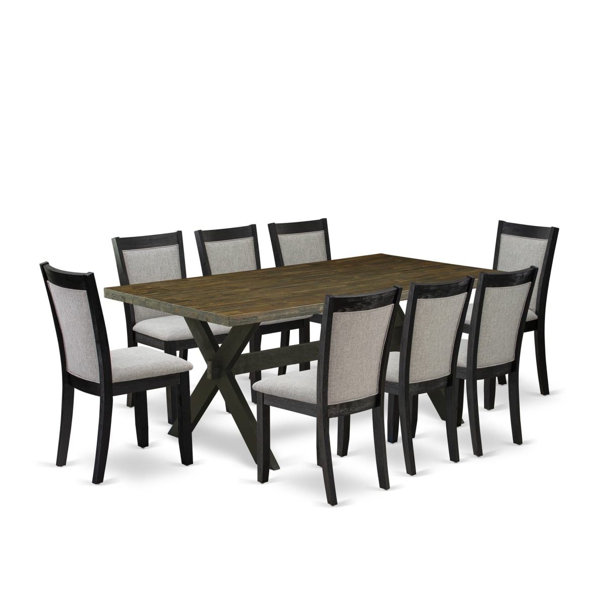 X677MZ606-9 9 Piece Dinette Set - Distressed Jacobean Dining Table with 8 Shiitake Dining Room Chairs - Wire Brushed Black Finish