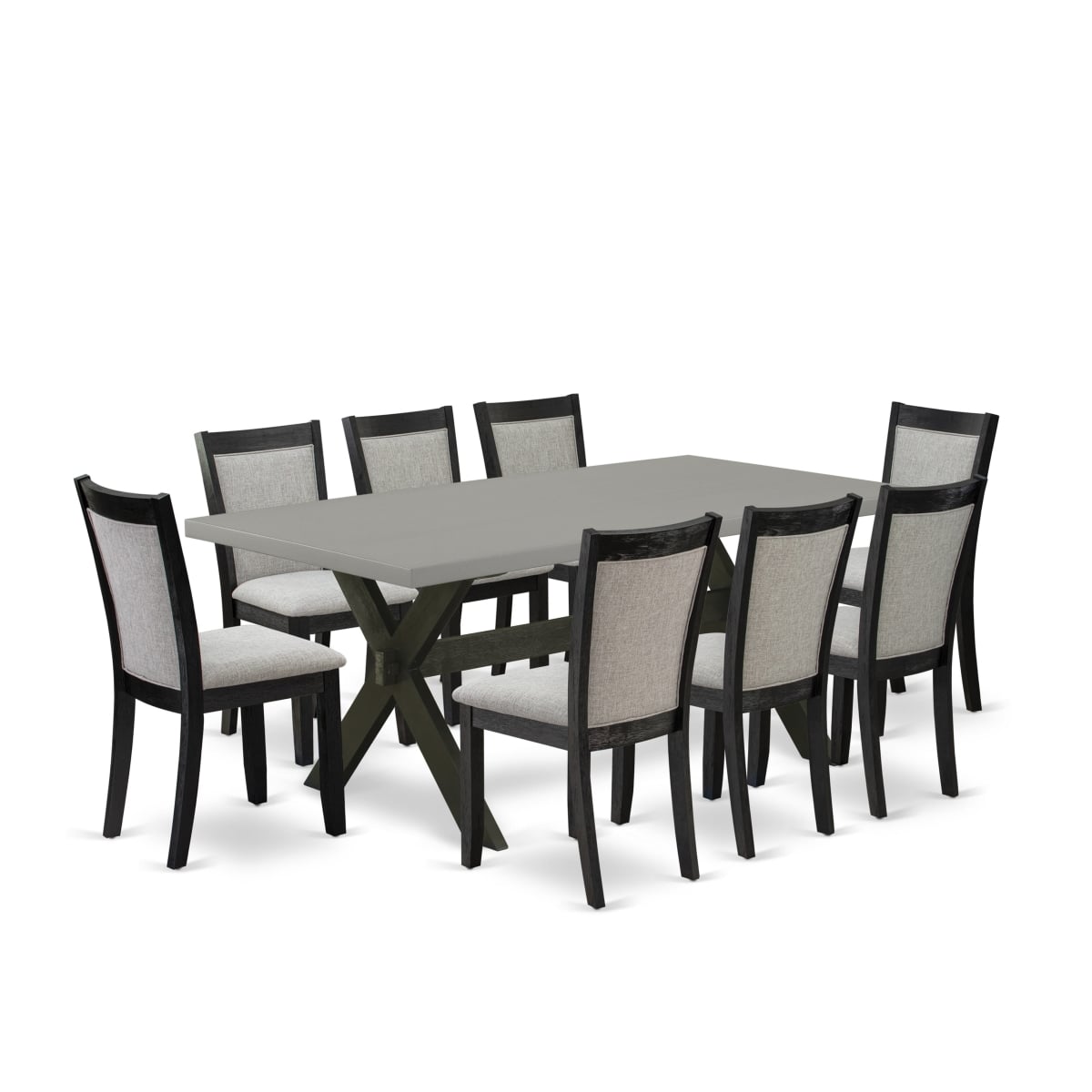 X697MZ606-9 9 Piece Modern Dining Table Set - Cement Dining Table with 8 Shiitake Parson Chairs - Wire Brushed Black Finish