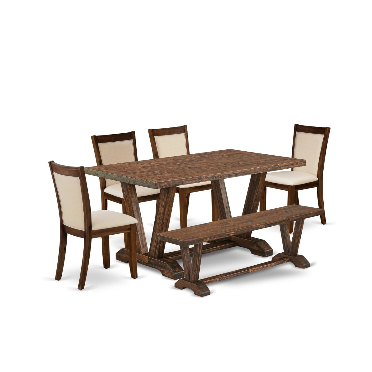 V776MZN32-6 6 Piece Dining Set - 1 Dining Table, A Dining Bench & 4 Dining Chairs with Stylish Back - Distressed Jacobean Finish