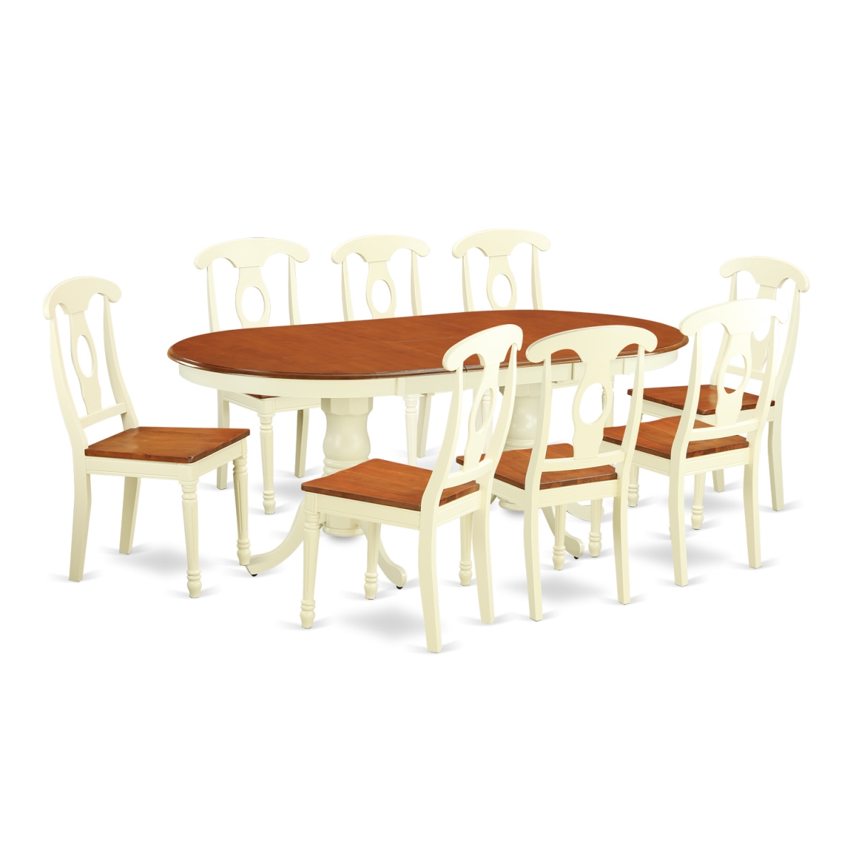 Plke9-whi-w Wood Seat Dinette Set With 8 Table & 8 Chairs, Buttermilk & Cherry - 9 Piece