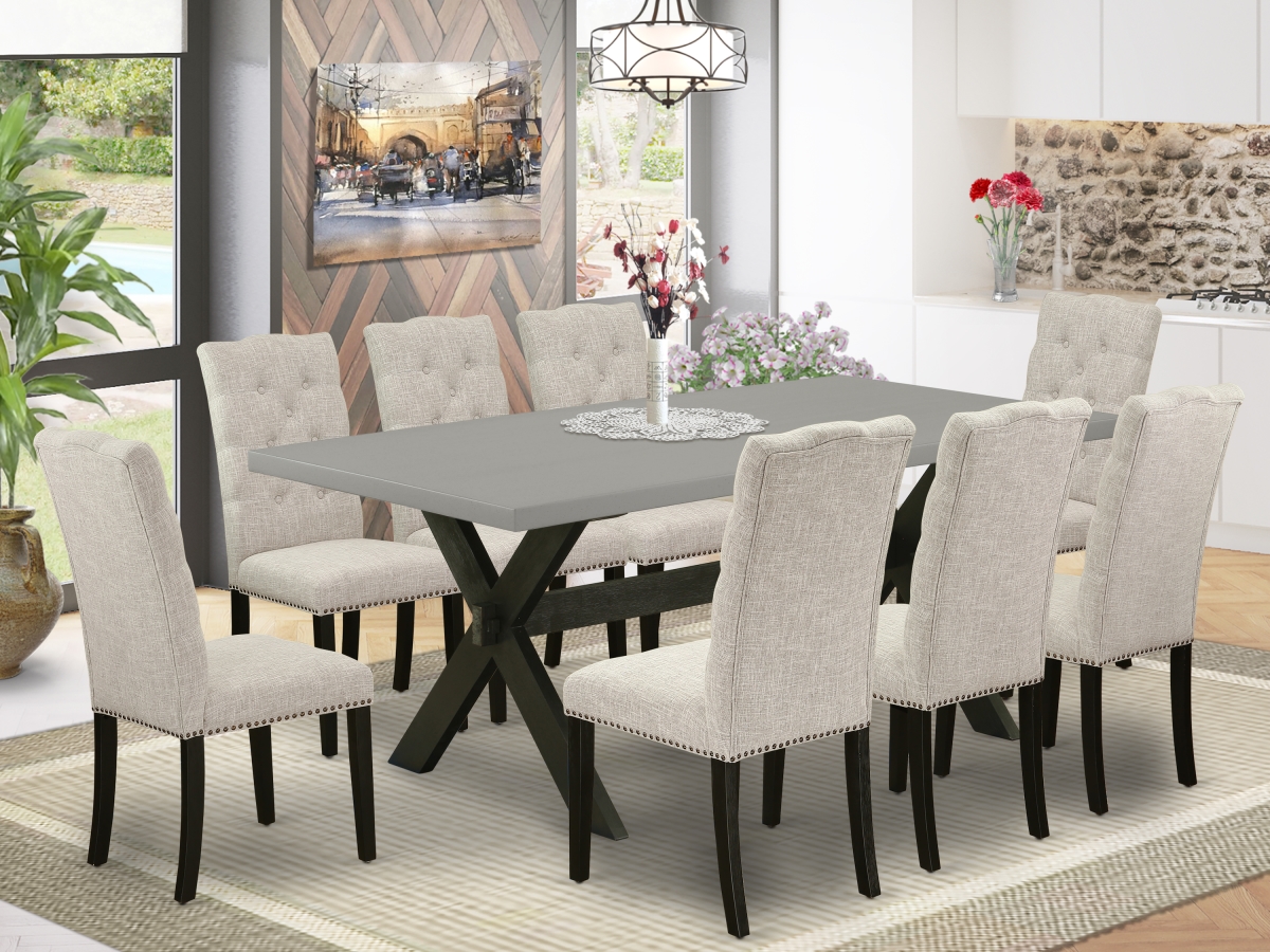 9 Piece X-Style Rectangular Dining Table Set - Dark Khaki