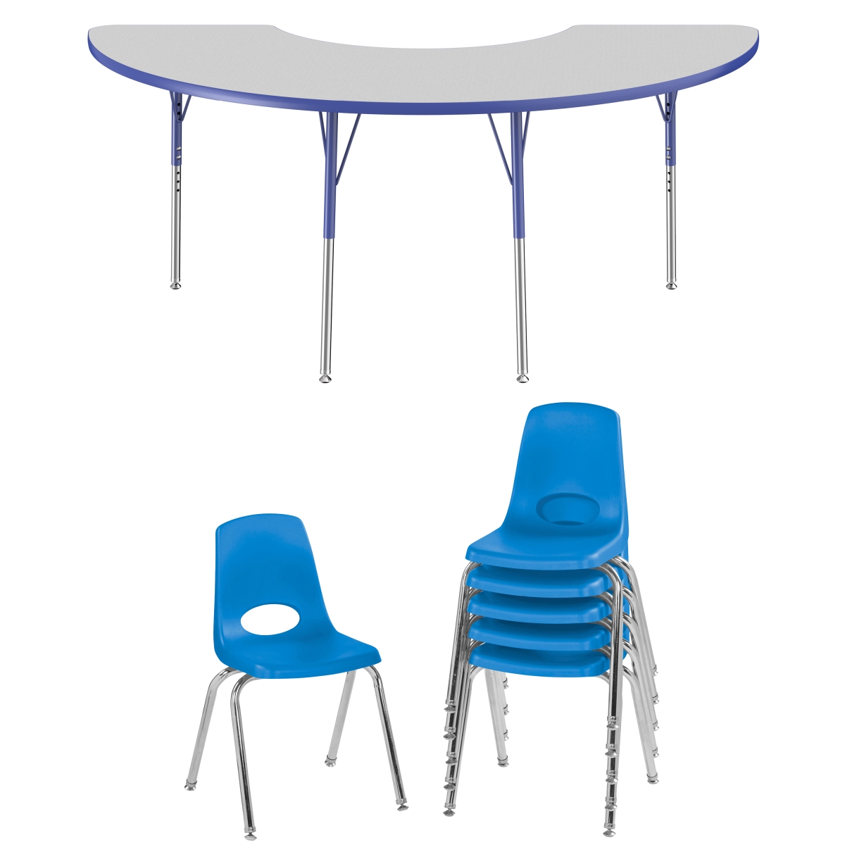 10275-gybl 36 X 72 In. Half Moon T-mold Adjustable Activity Table Standard Swivel With 6 Stack Chairs 16 In. Swivel Glide - Grey & Blue