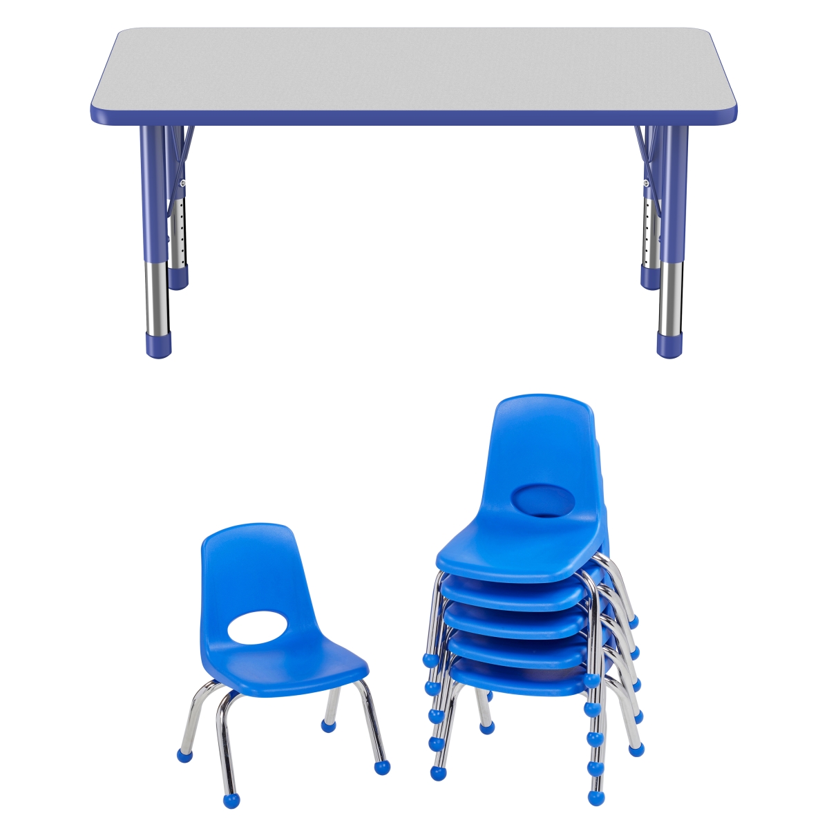 10277-gybl 24 X 48 In. Rectangle T-mold Adjustable Activity Table Chunky Leg With 6 Stack Chairs 10 In. Ball Glide - Grey & Blue