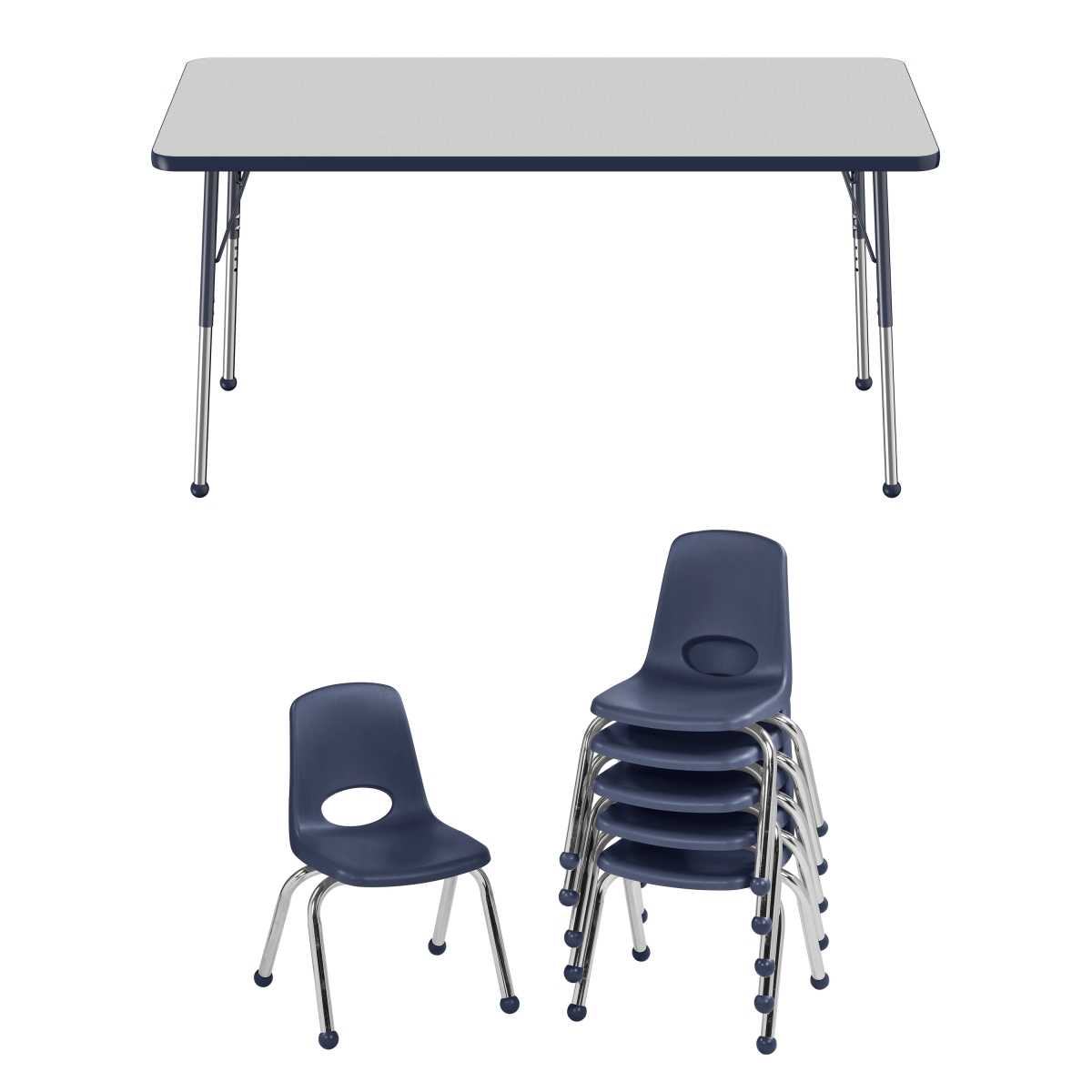 10299-gynv 30 X 60 In. Rectangle T-mold Adjustable Activity Table Standard Ball With 6 Stack Chairs 12 In. Ball Glide - Grey & Navy