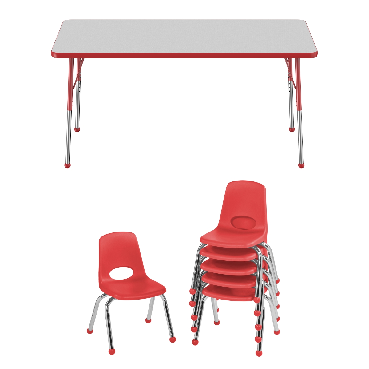 10299-gyrd 30 X 60 In. Rectangle T-mold Adjustable Activity Table Standard Ball With 6 Stack Chairs 12 In. Ball Glide - Grey & Red