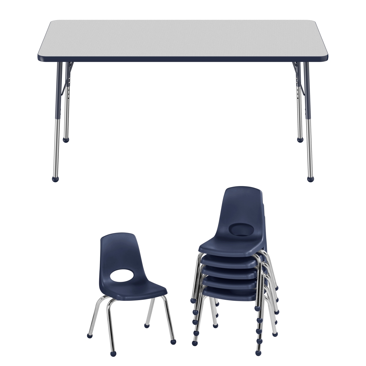 10300-gynv 30 X 60 In. Rectangle T-mold Adjustable Activity Table Standard Ball With 6 Stack Chairs 14 In. Ball Glide - Grey & Navy