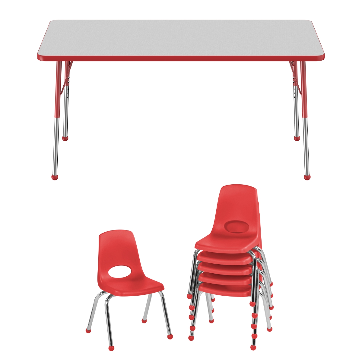10300-gyrd 30 X 60 In. Rectangle T-mold Adjustable Activity Table Standard Ball With 6 Stack Chairs 14 In. Ball Glide - Grey & Red