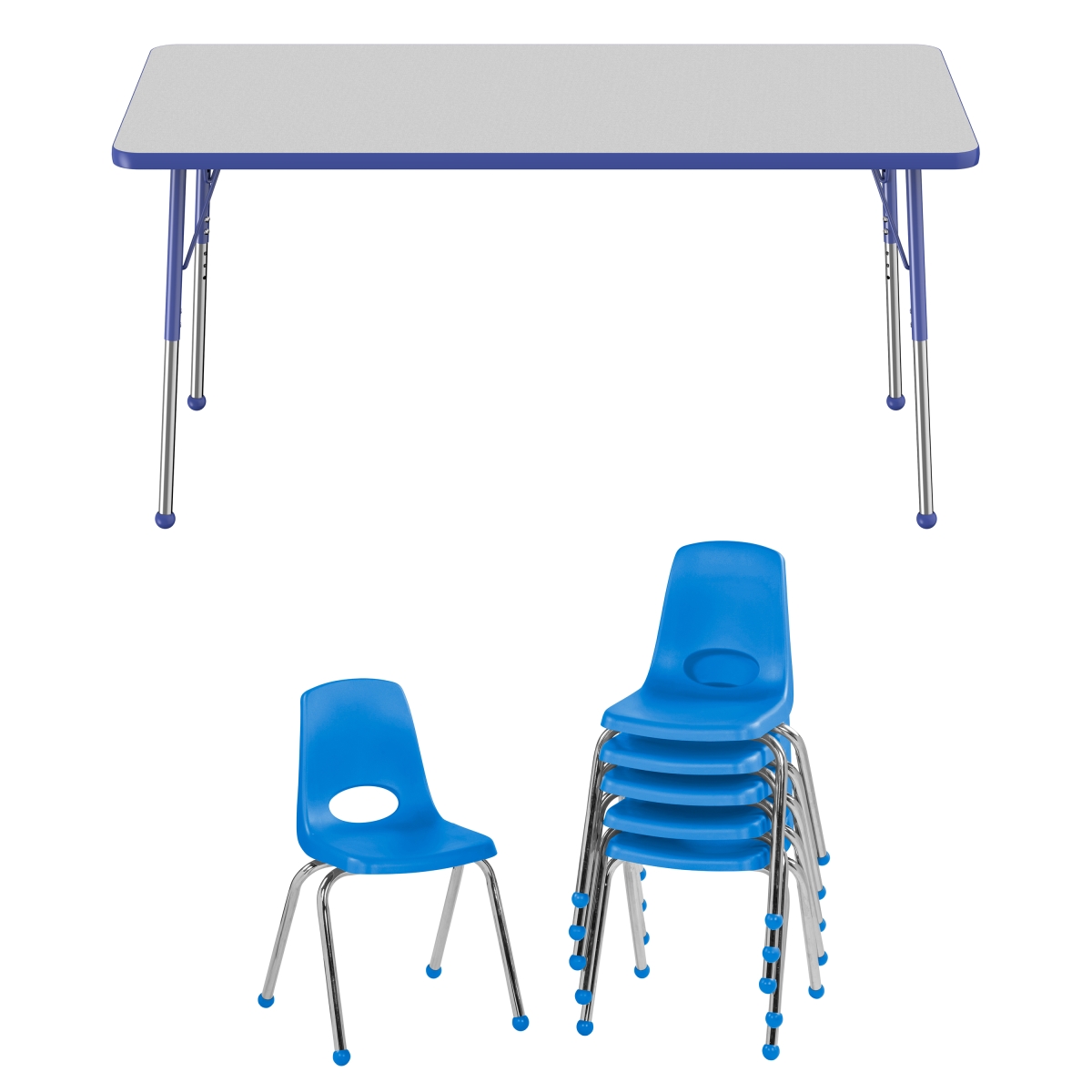 10301-gybl 30 X 60 In. Rectangle T-mold Adjustable Activity Table Standard Ball With 6 Stack Chairs 16 In. Ball Glide - Grey & Blue