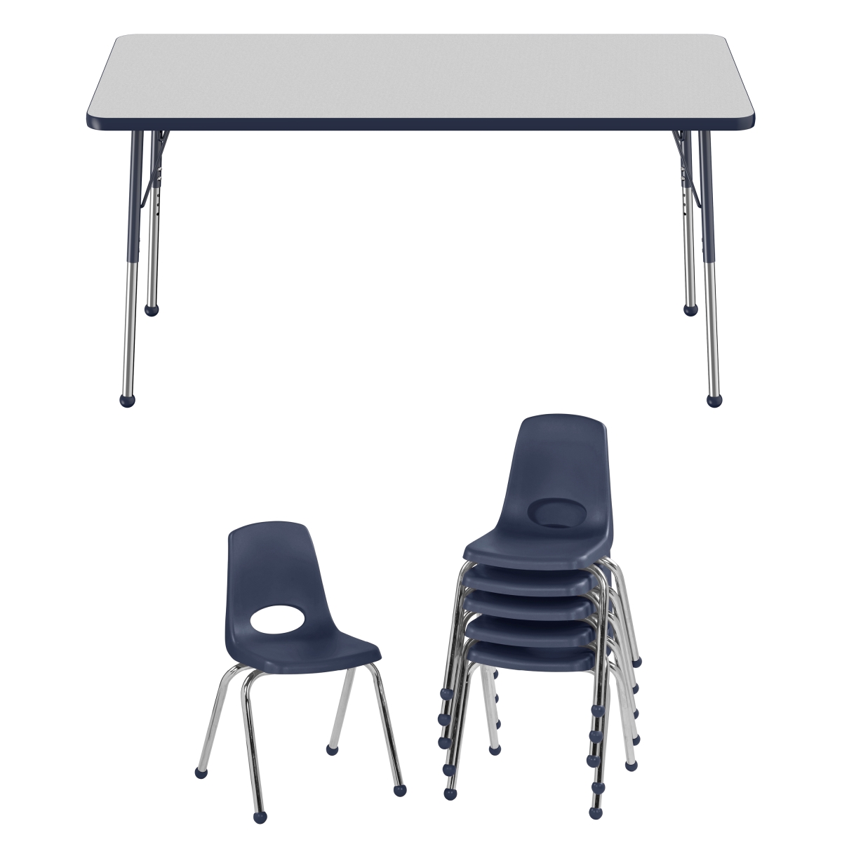 10301-gynv 30 X 60 In. Rectangle T-mold Adjustable Activity Table Standard Ball With 6 Stack Chairs 16 In. Ball Glide - Grey & Navy
