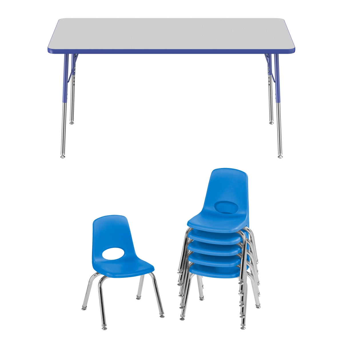 10303-gybl 30 X 60 In. Rectangle T-mold Adjustable Activity Table Standard Swivel With 6 Stack Chairs 12 In. Swivel Glide - Grey & Blue