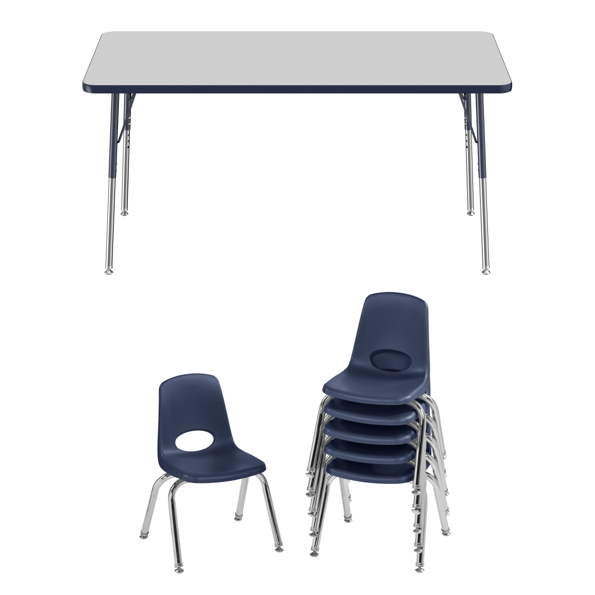 10303-gynv 30 X 60 In. Rectangle T-mold Adjustable Activity Table Standard Swivel With 6 Stack Chairs 12 In. Swivel Glide - Grey & Navy