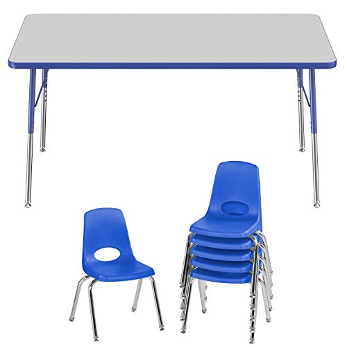10304-gybl 30 X 60 In. Rectangle T-mold Adjustable Activity Table Standard Swivel With 6 Stack Chairs 14 In. Swivel Glide - Grey & Blue