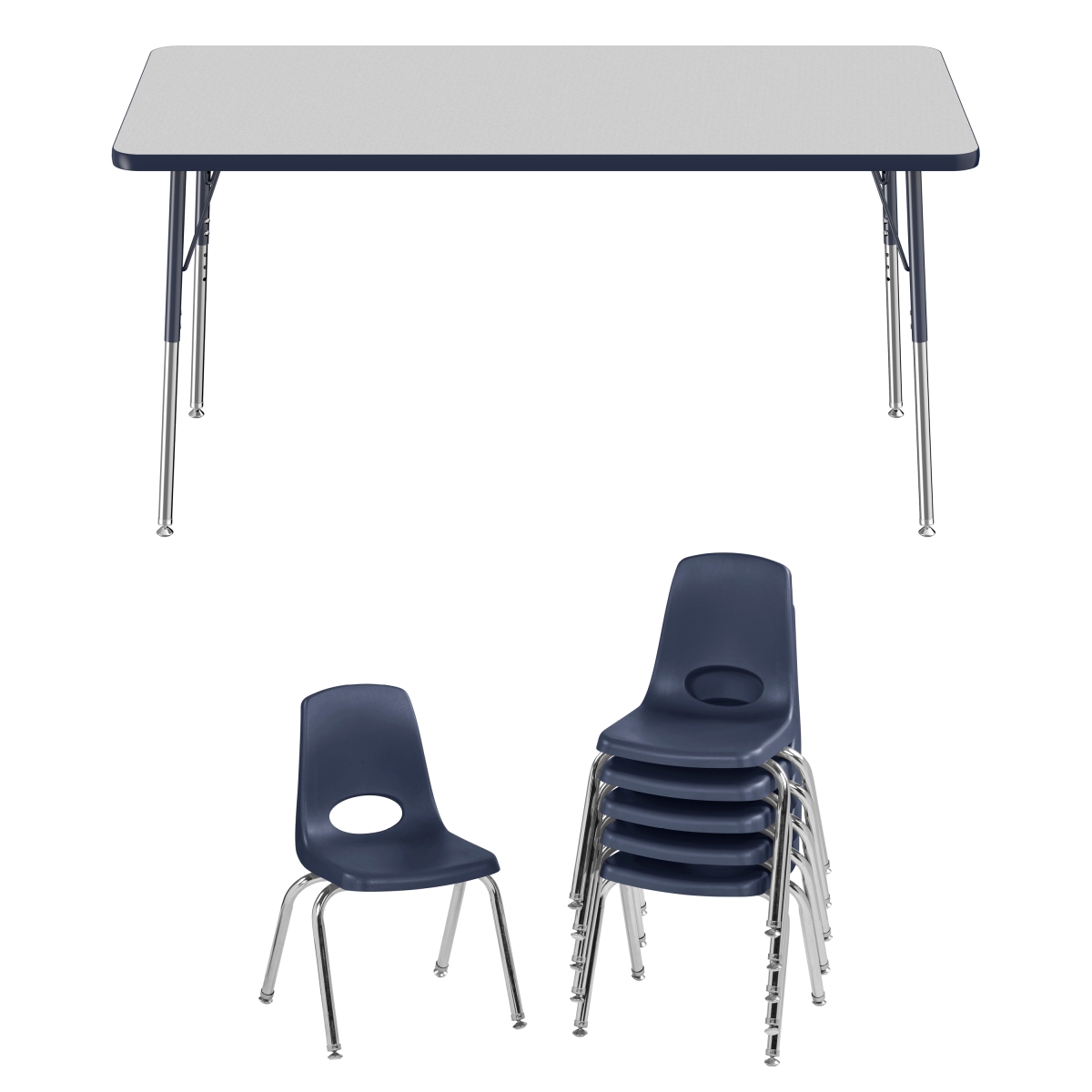 10304-gynv 30 X 60 In. Rectangle T-mold Adjustable Activity Table Standard Swivel With 6 Stack Chairs 14 In. Swivel Glide - Grey & Navy