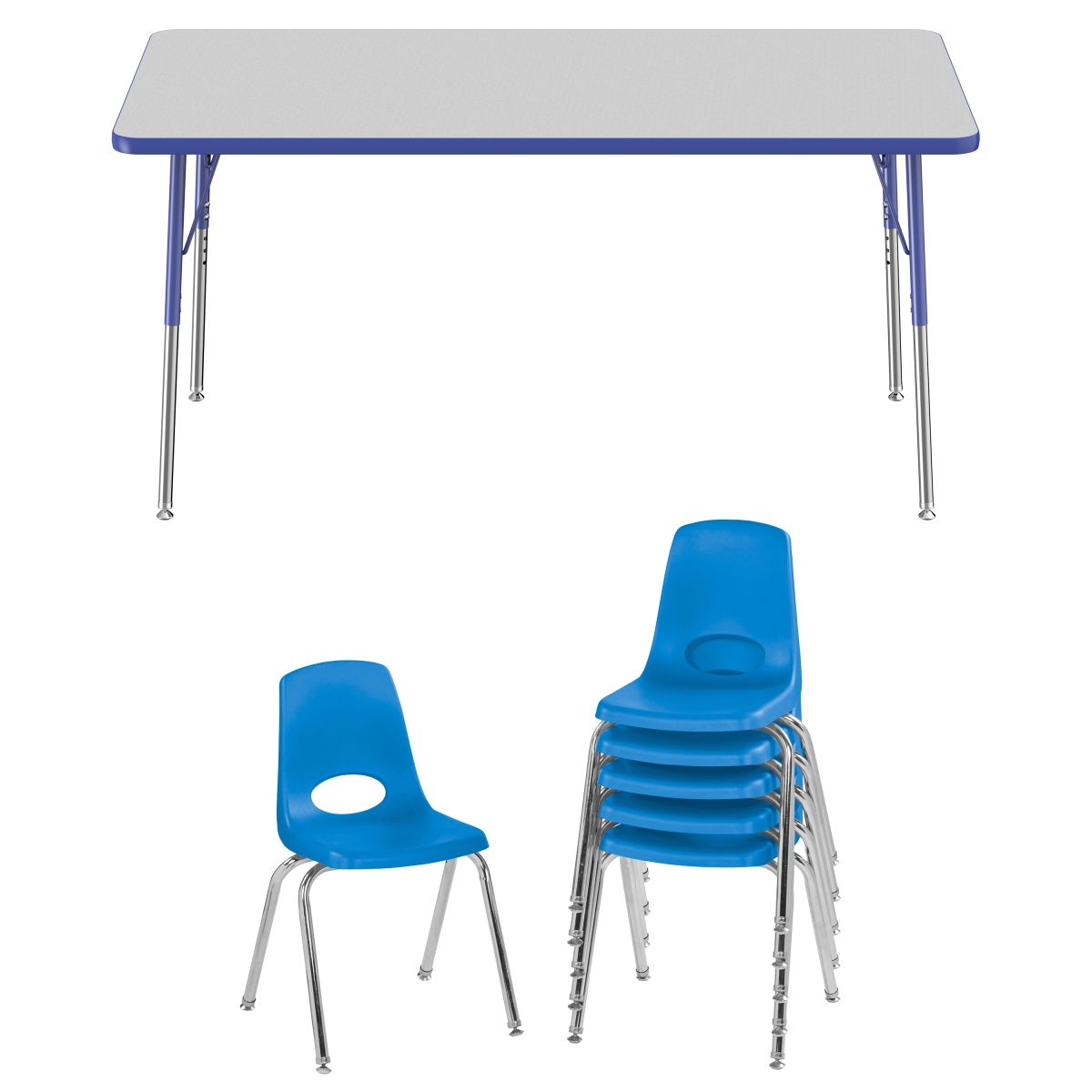 10305-gybl 30 X 60 In. Rectangle T-mold Adjustable Activity Table Standard Swivel With 6 Stack Chairs 16 In. Swivel Glide - Grey & Blue