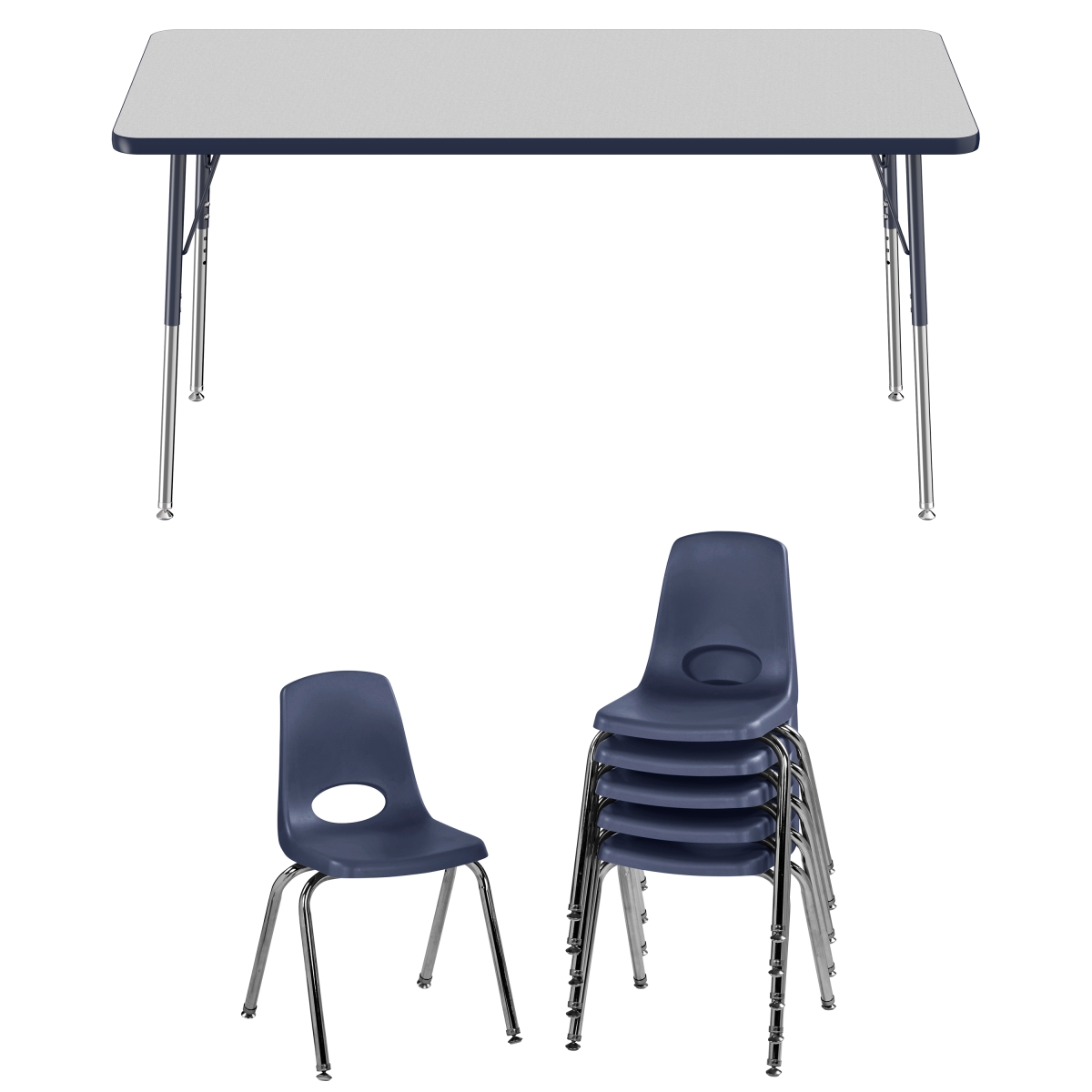 10305-gynv 30 X 60 In. Rectangle T-mold Adjustable Activity Table Standard Swivel With 6 Stack Chairs 16 In. Swivel Glide - Grey & Navy