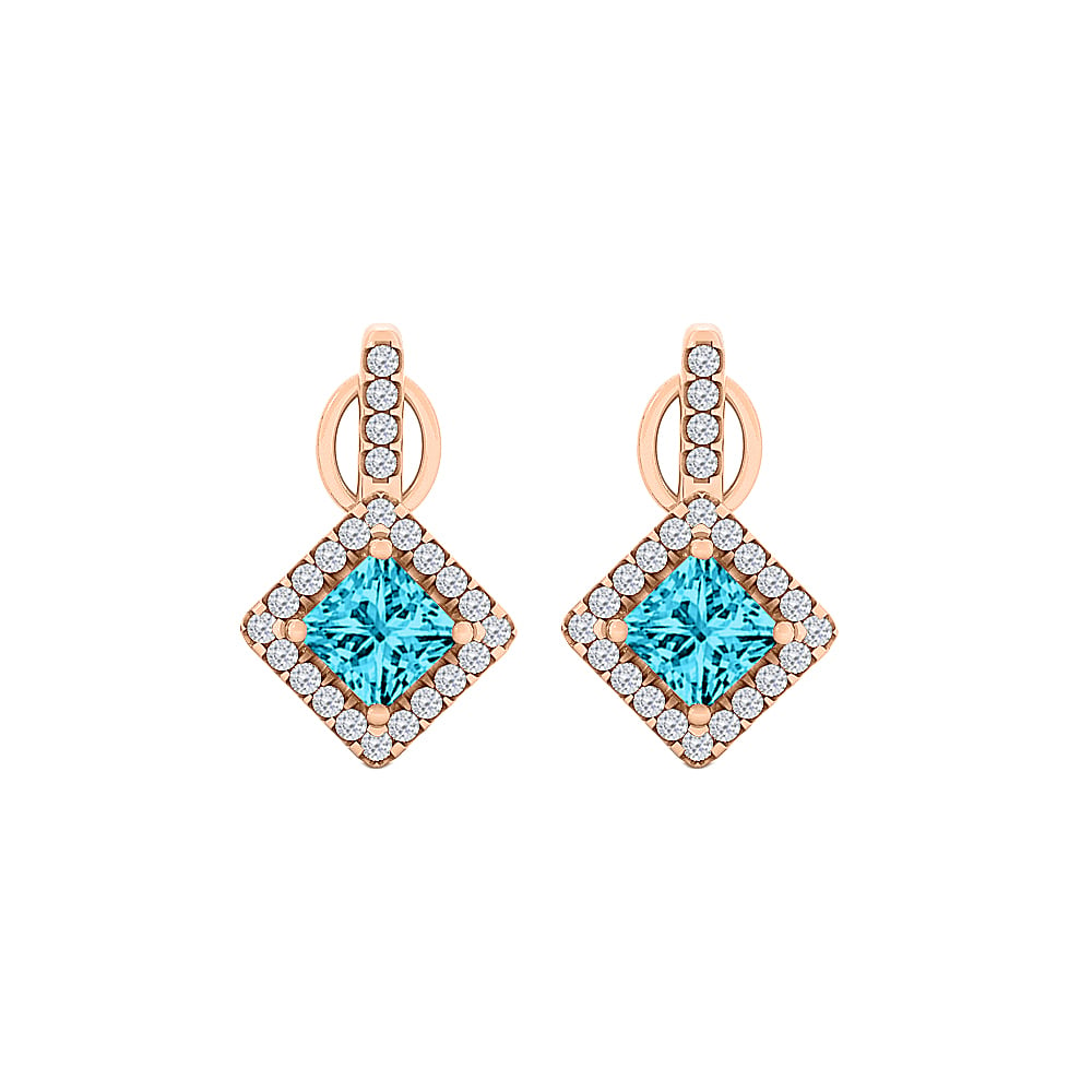 1.25ct Blue Topaz & Cubic Zirconia 14k Rose Gold Square Rhombus Style Stud Earrings