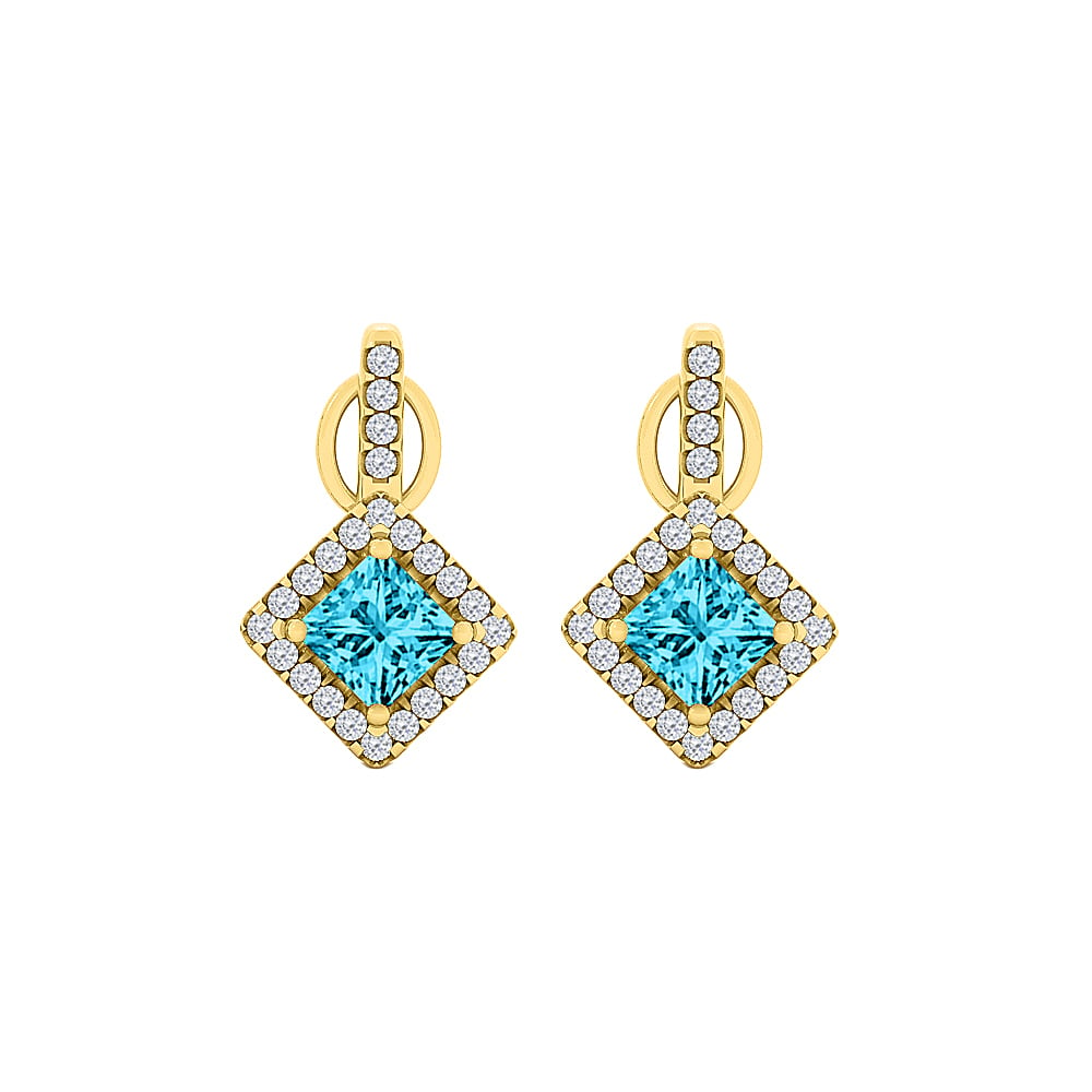 1.25ct Rhombus Pattern Blue Topaz Cubic Zirconia 14k Yellow Gold Square Halo Stud Earrings