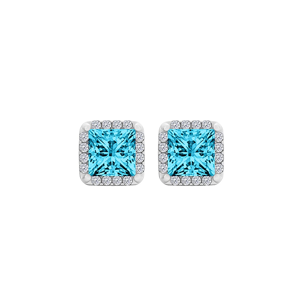 2.25ct Blue Topaz Cubic Zirconia Sterling Silver Square Halo Stud Earrings