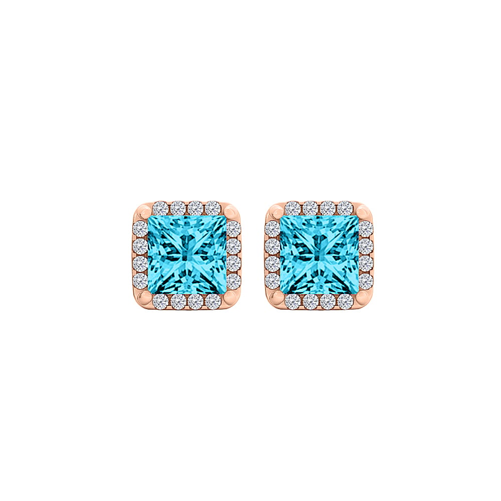 2.25ct Blue Topaz & Cubic Zirconia 14k Rose Gold Square Fashion Halo Stud Earrings