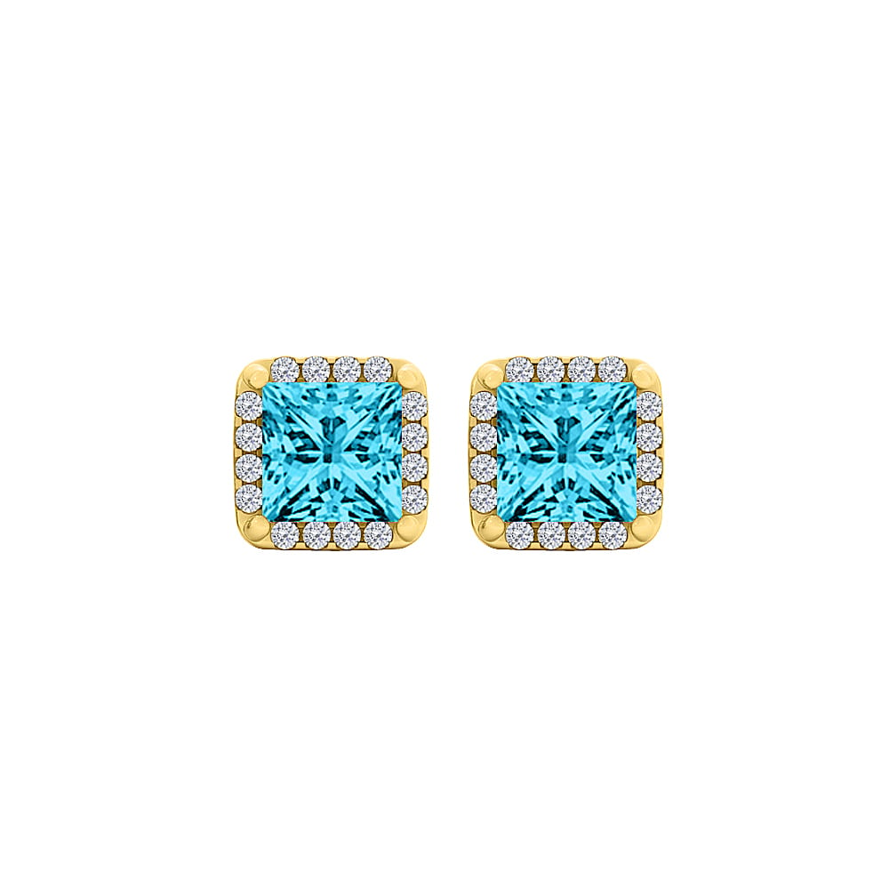 2.25ct Square Blue Topaz Cubic Zirconia 18k Yellow Gold Halo Fashion Vermeil Stud Earrings