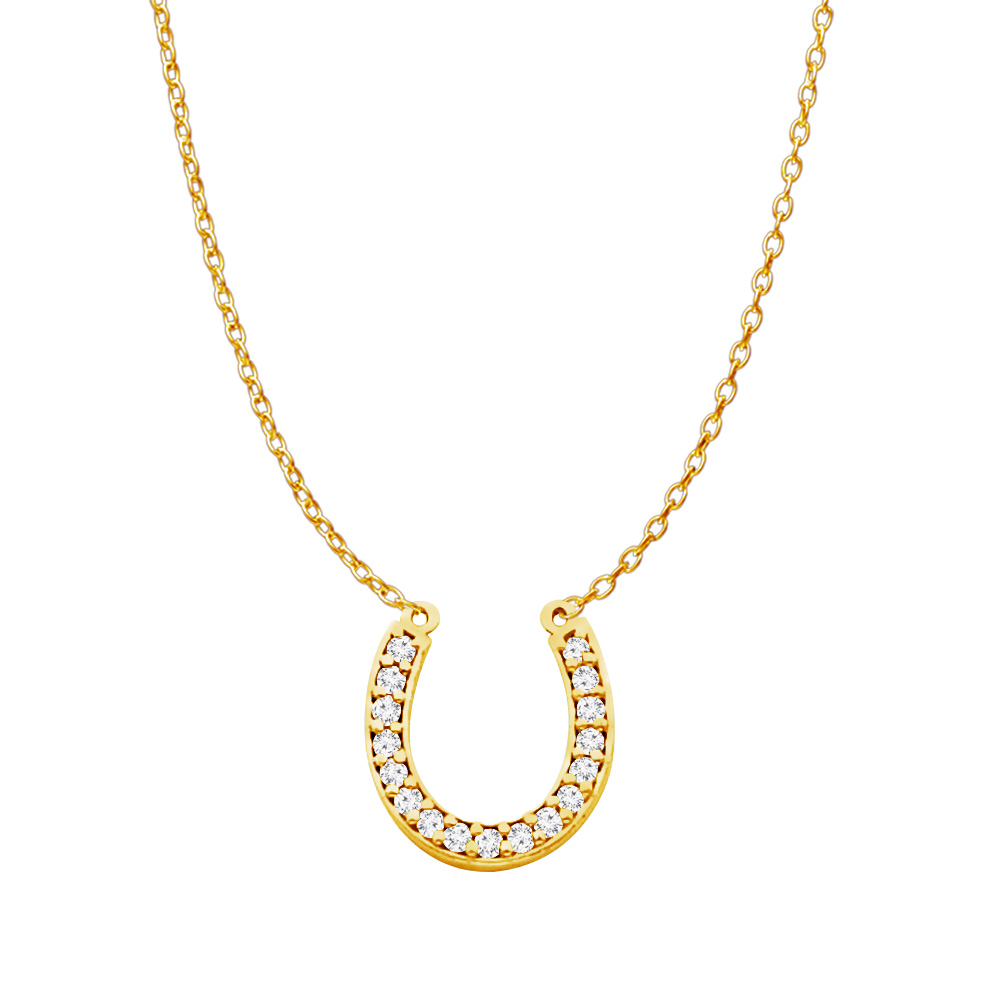 0.25ct Cubic Zirconia 14k Yellow Gold Good Luck Charm Horseshoe Pendant Necklace