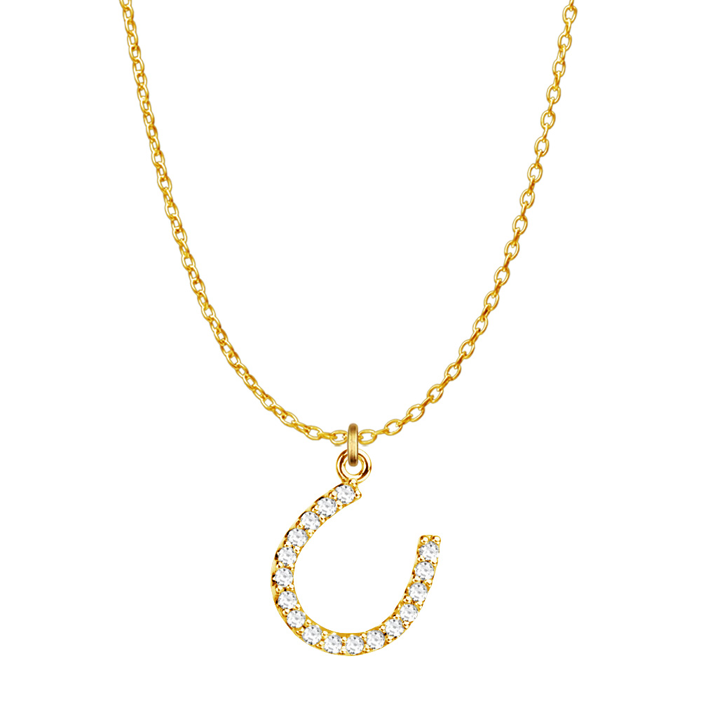 0.10ct Cubic Zirconia 18k Yellow Gold Vermeil Lucky Horseshoe Pendant Necklace