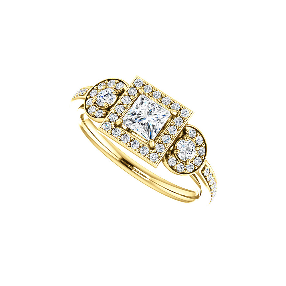1ct Square & Round Cubic Zirconia 14k Yellow Gold Unique Style Ring, Size 6