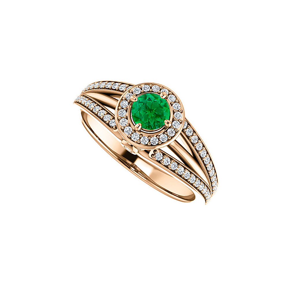 0.75ct Cubic Zirconia 14k Rose Gold Vermeil Emerald 3 Rows Split Shank Halo Ring, Size 6