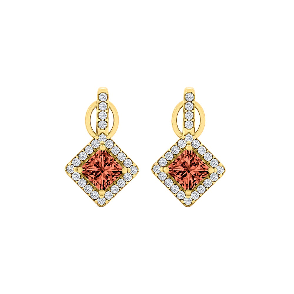 1.25ct Rhombus Style Square Garnet & Cubic Zirconia 18k Yellow Gold Halo Stud Earrings