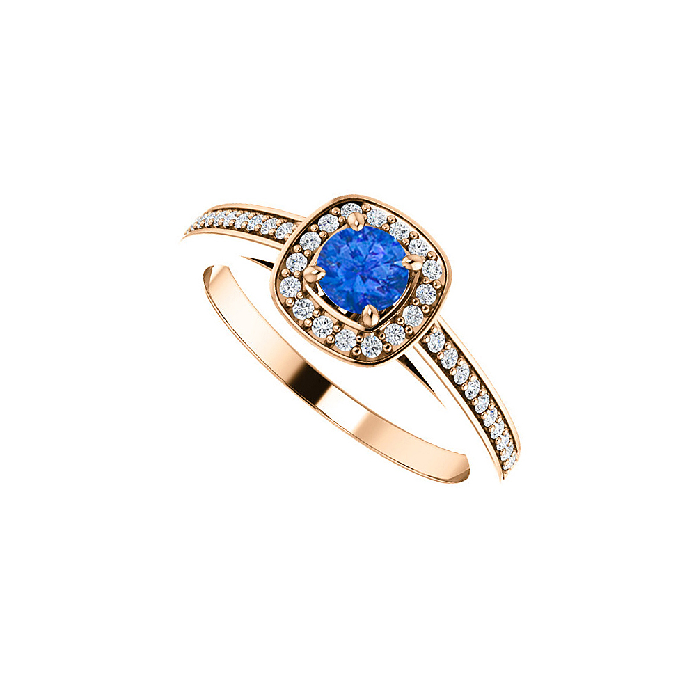 0.75 Ct 14k Rose Gold Round Sapphire & Cubic Zirconia Square Halo Ring, Size 6