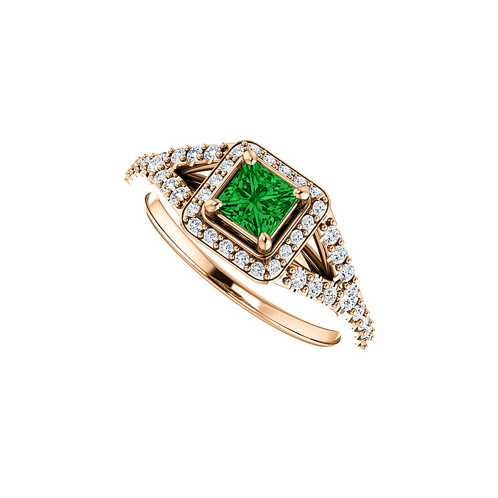 0.75 Ct 14k Rose Gold Vermeil Emerald Cubic Zirconia Split Shank Halo Ring, Size 6