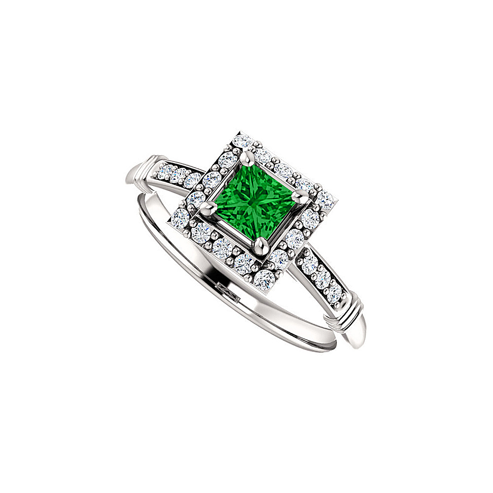 0.75 Ct 14k White Gold Bold Square Emerald Cubic Zirconia Halo Ring, Size 6