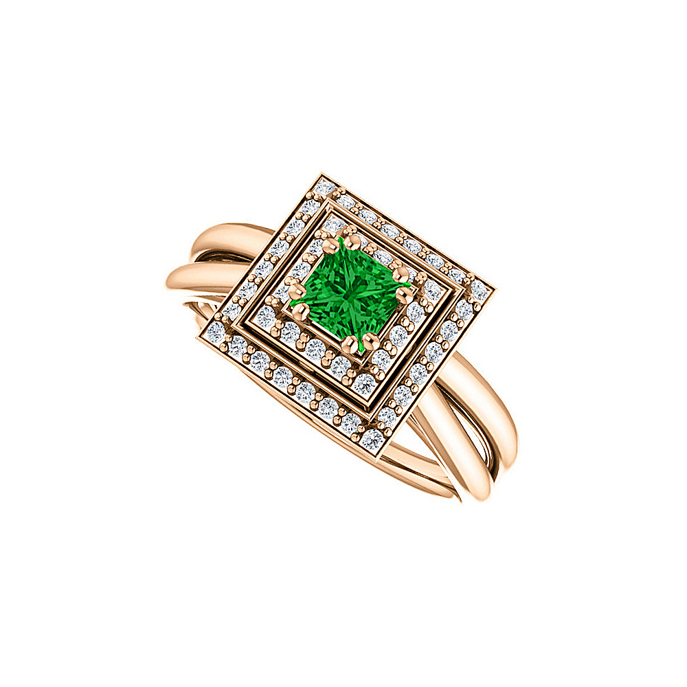 0.75 Ct 14k Rose Gold Vermeil Double Halo Emerald Cubic Zirconia Split Shank Ring, Size 6