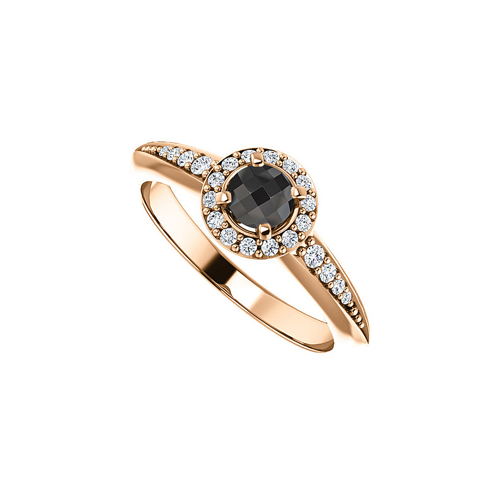0.75 Ct 14k Rose Gold Black Onyx & Cubic Zirconia Halo Style Ring, Size 6