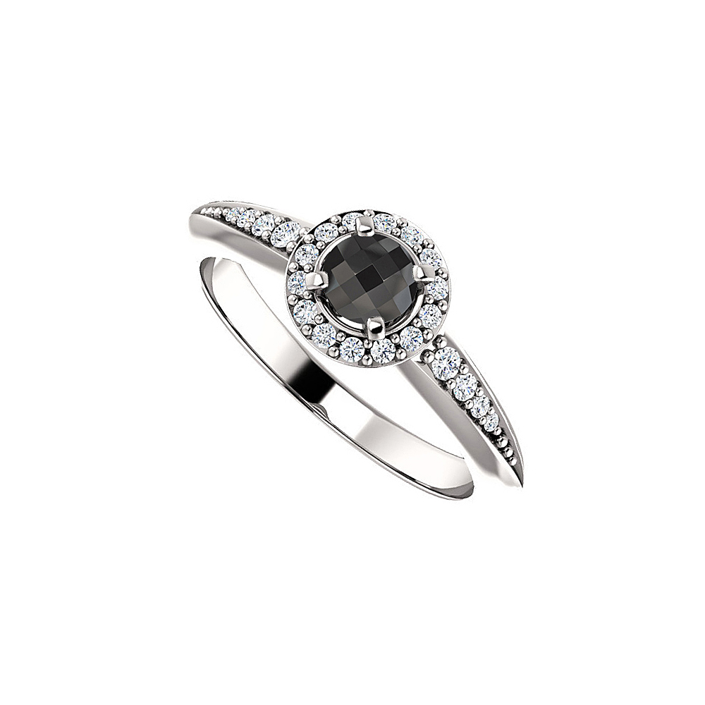 0.75 Ct 14k White Gold Black Onyx & Cubic Zirconia Halo Style Ring, Size 6