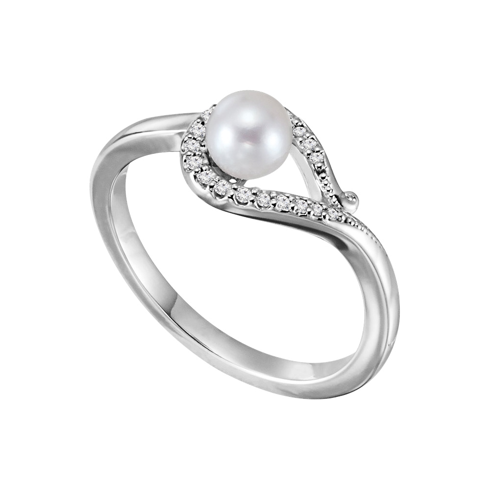 0.10 Ct 925 Sterling Silver Freshwater Cultured Pearl & Cubic Zirconia Bypass Loop Style Ring, Size 6