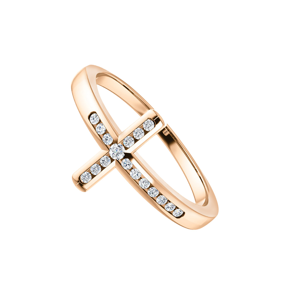 0.10 Ct 14k Rose Gold Vermeil Cubic Zirconia Accented Sideways Cross Ring, Size 6