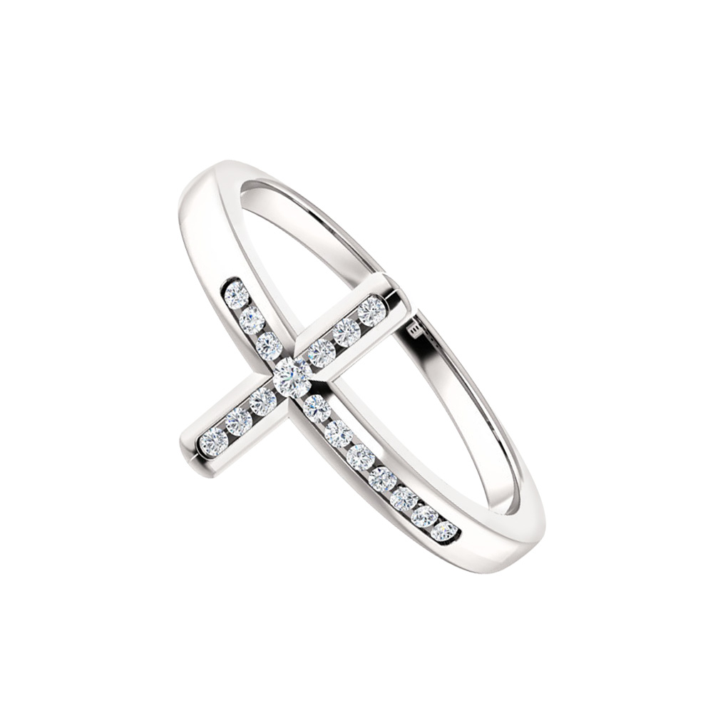 0.10 Ct 14k White Gold Cubic Zirconia Accented Sideways Religious Cross Ring, Size 6