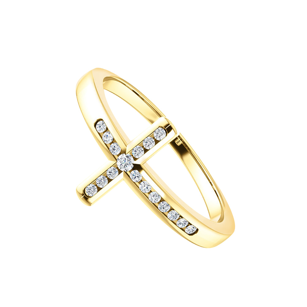 0.10 Ct 14k Yellow Gold Cubic Zirconia Accented Sideways Religious Cross Ring, Size 6