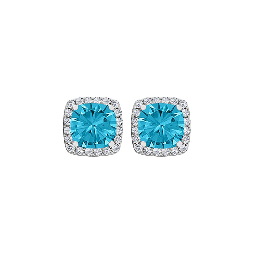 2.25 Ct 925 Sterling Silver Blue Topaz Cubic Zirconia Square Halo Stud Earrings