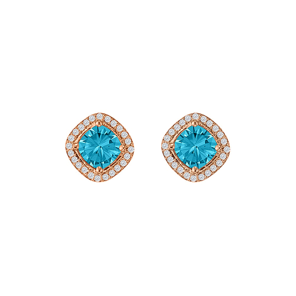 2.25 Ct 14k Rose Gold Rhombus Style Blue Topaz Cubic Zirconia Square Halo Stud Earrings